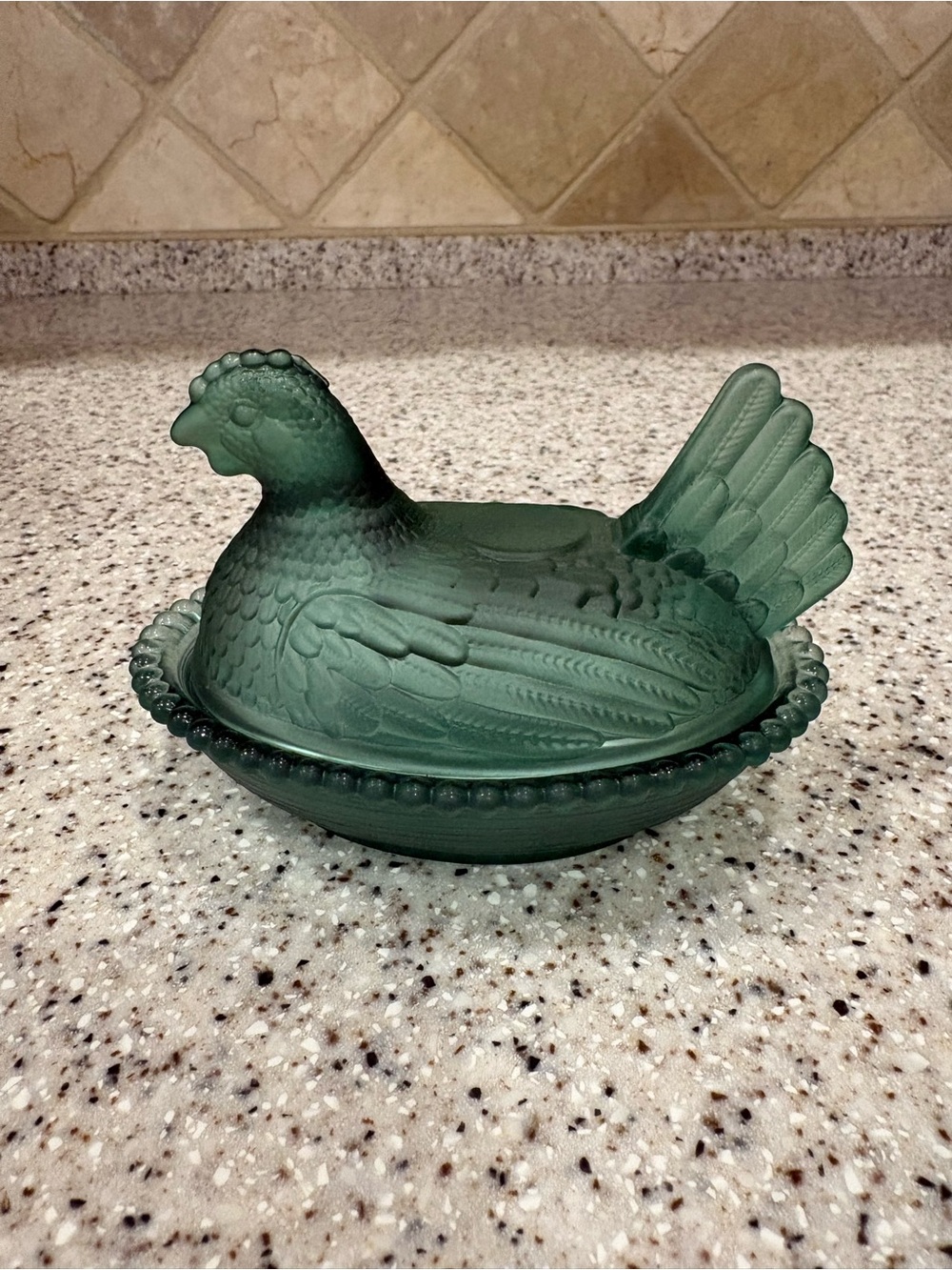 Green Frosted Glass Chicken Hen on Nest Oval Covered